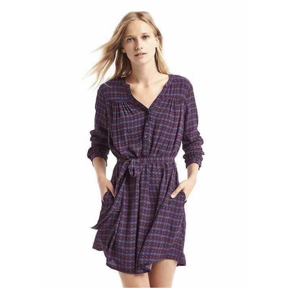 Gap Navy Geometric Print Rayon Shirt Dress Long Sleeve Tie Waist XL 465568-00 - Picture 1 of 11